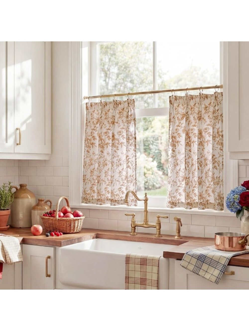 Floral Brown Linen Cafe Curtains 36" - Perfect for Kitchen Decor & Privacy